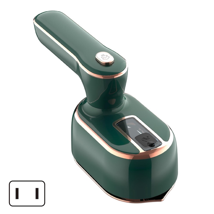 Aburitor portabil pentru haine / fier de calcat manual mini, pliabil, maner rotativ 90°, talpa din titan 150°C, priza US, Verde, 1 buc