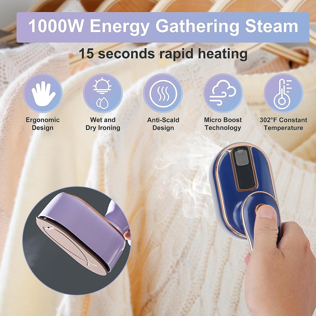 Fier de calcat cu abur portabil, 1000W, mini, design pliabil 180°, albastru