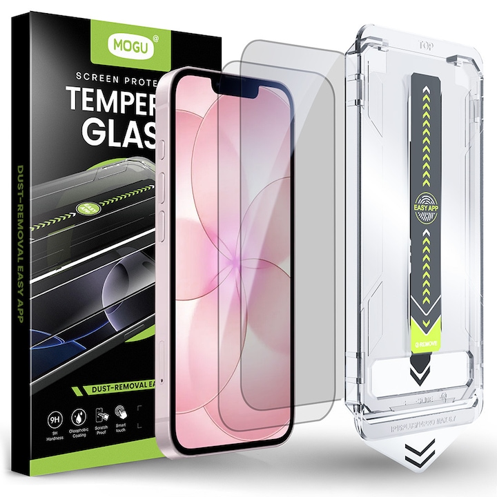 Set 2 folii de protectie MOGU® pentru iPhone 17e/16e, Sticla securizata, Cu margine neagra, Kit de auto-instalare, Montare rapida in 30 secunde, Auto-eliminare a prafului, Full Cover, Anti-spion, Anti-amprente, Compatibila cu Huse, 6.1 inch, Privacy