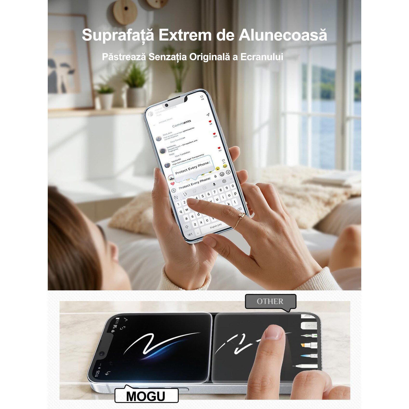 Set 2 folii de protectie MOGU® pentru iPhone 17e/16e, Sticla securizata, Cu margine neagra, Kit de auto-instalare, Montare rapida in 30 secunde, Auto-eliminare a prafului, Full Cover, Anti-spion, Anti-amprente, Compatibila cu Huse, 6.1 inch, Privacy