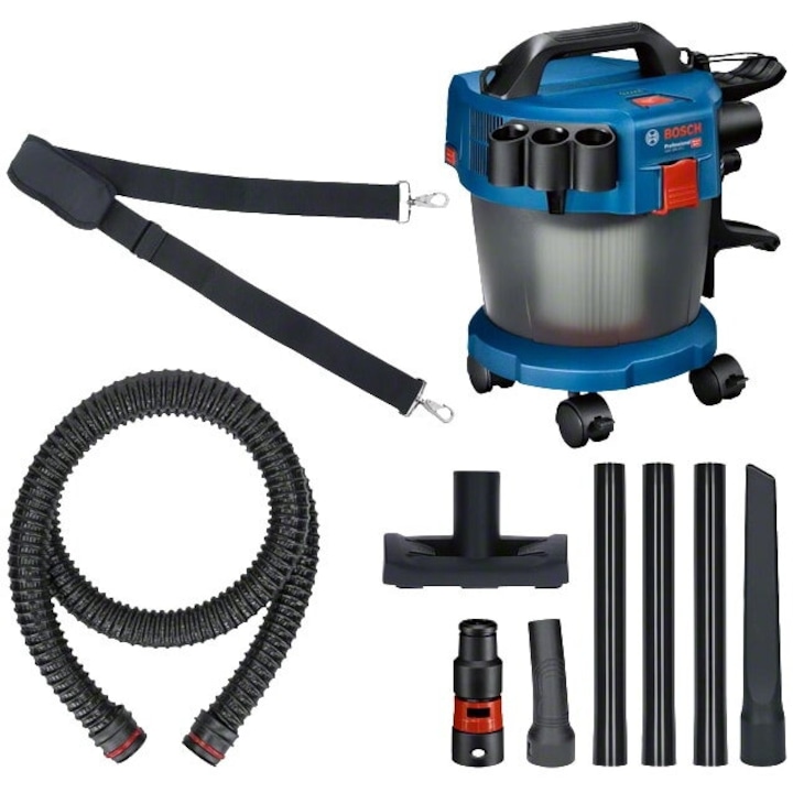 Aspirator pe acumulator Bosch Professional GAS 18V-10 L, 18 V, 115 mbari, 6 l volum recipient, curea de umar, 3 buc tub aspiratie, 1 adaptor scula electrica, furtun 1.6 m, duza rosturi, 4 roti, teava cu cot, filtru burduf praf, duza pardoseli, Albastru