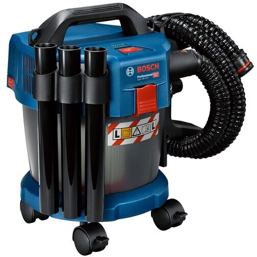 Aspirator pe acumulator Bosch Professional GAS 18V-10 L, 18 V, 115 mbari, 6 l volum recipient, curea de umar, 3 buc tub aspiratie, 1 adaptor scula electrica, furtun 1.6 m, duza rosturi, 4 roti, teava cu cot, filtru burduf praf, duza pardoseli, Albastru