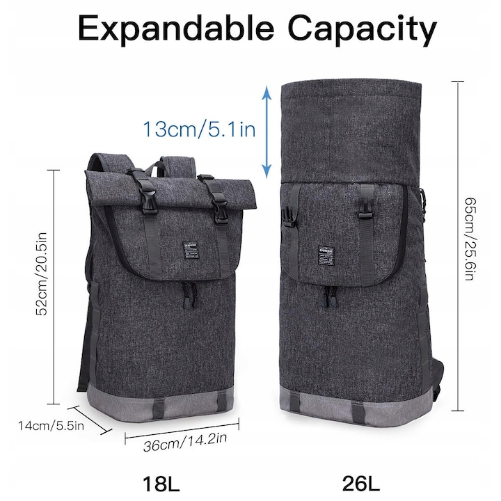 Rucsac laptop 16", Evervanz, gri, 36x14x52cm, volum variabil 18-25 litri, design anti-furt