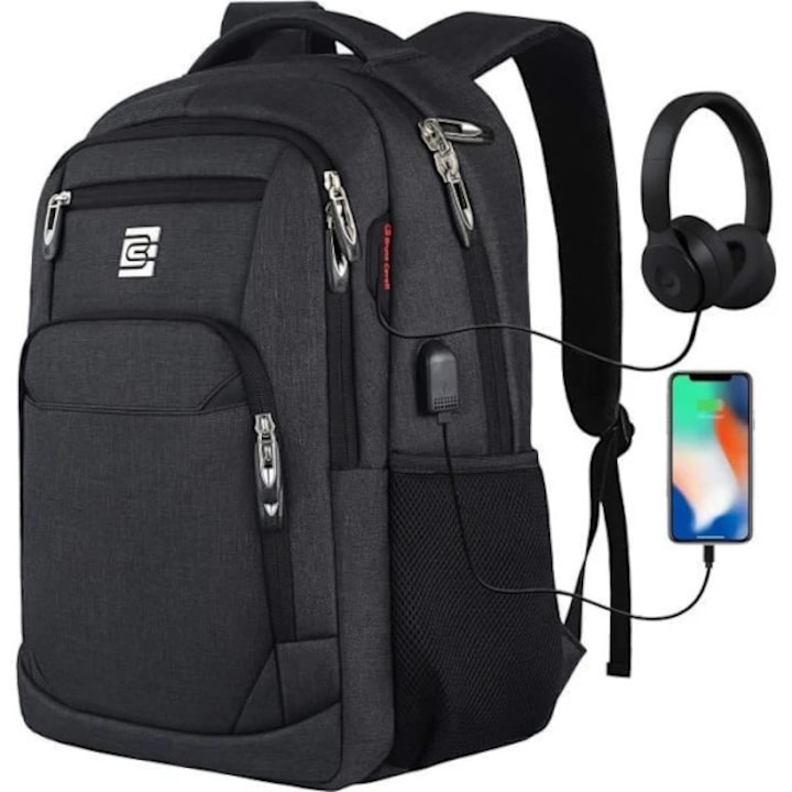 Rucsac laptop 17.3 inch, rezistent la apa, port USB, negru