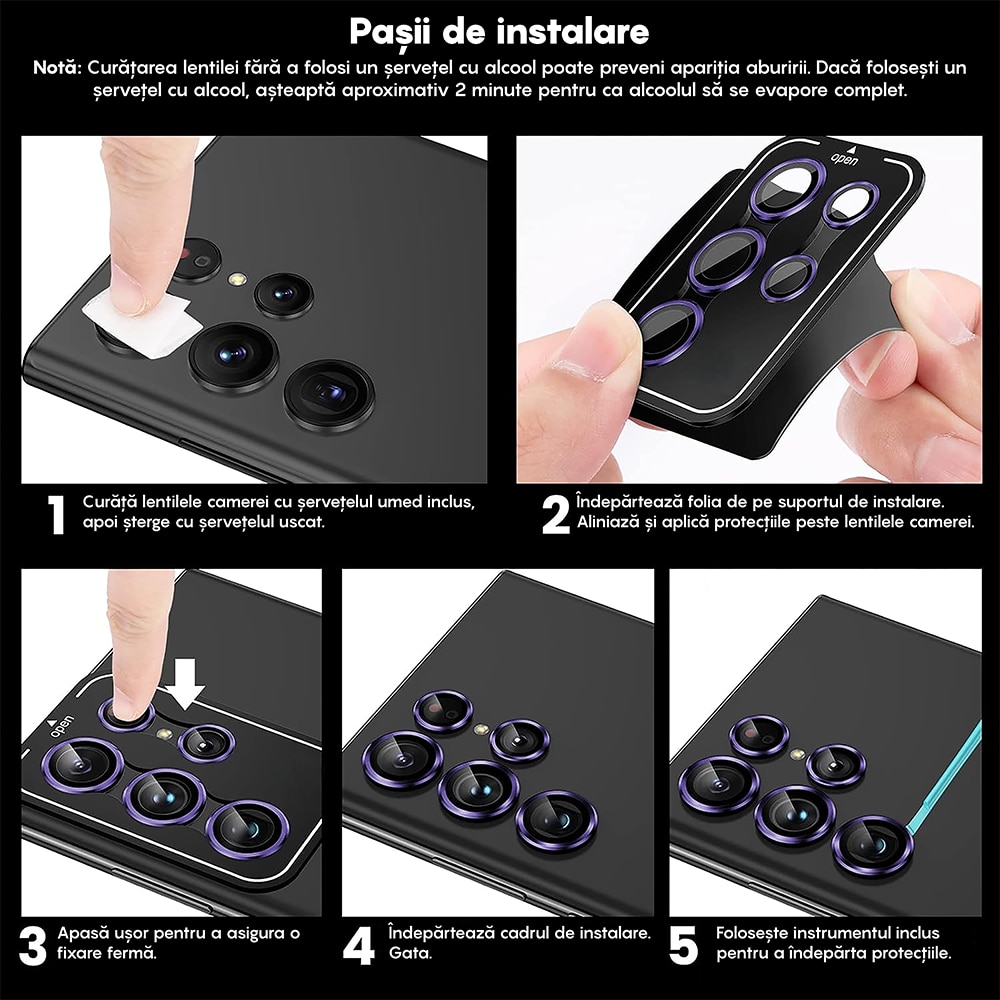 Folie Protectie Lentile Camera compatibila cu Samsung Galaxy S23 Ultra, CASEY STUDIOS™ MaxDefense+, Ultra HD, Anti Amprente, Anti Zgarieturi, Anti Socuri, Mov Inchis