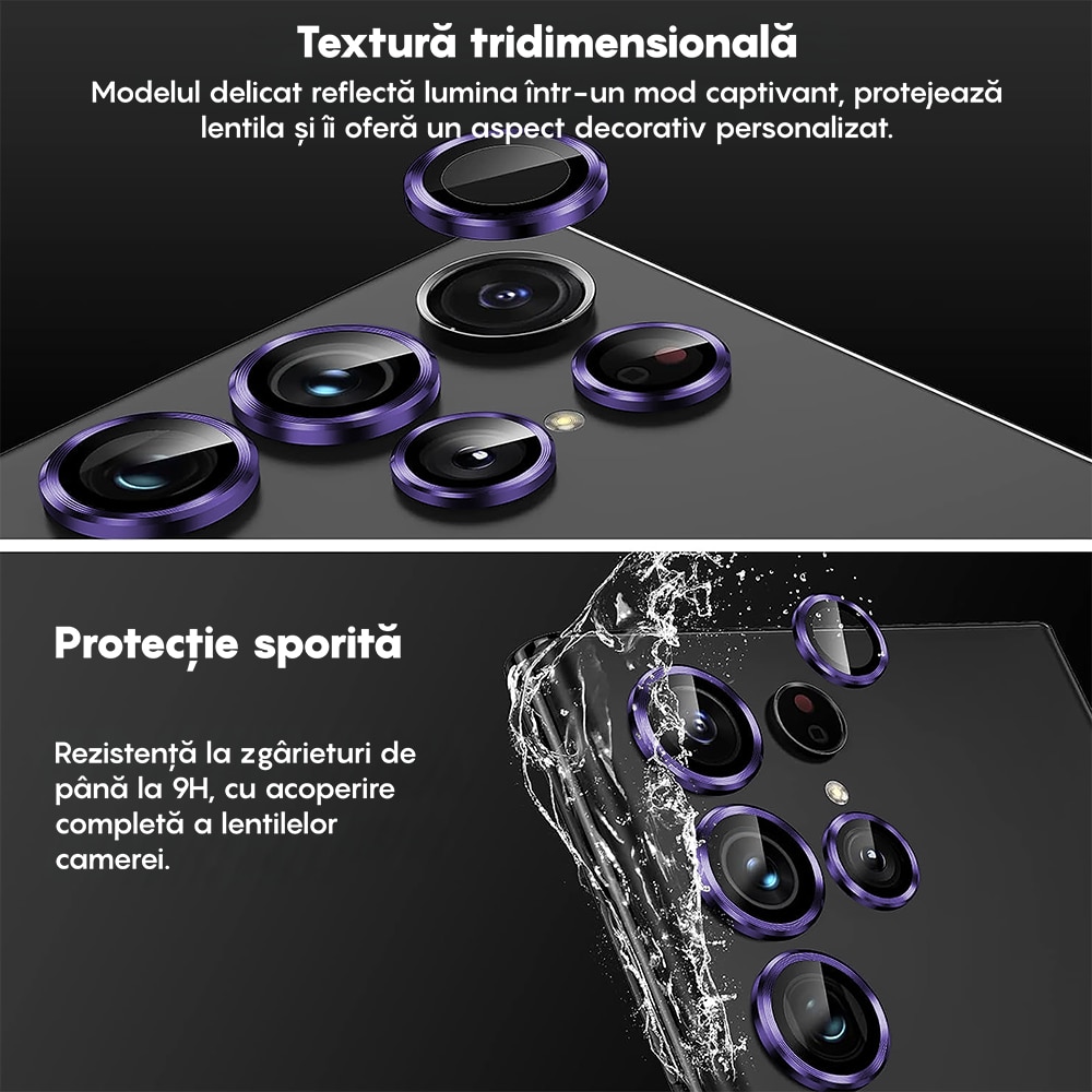 Folie Protectie Lentile Camera compatibila cu Samsung Galaxy S23 Ultra, CASEY STUDIOS™ MaxDefense+, Ultra HD, Anti Amprente, Anti Zgarieturi, Anti Socuri, Mov Inchis