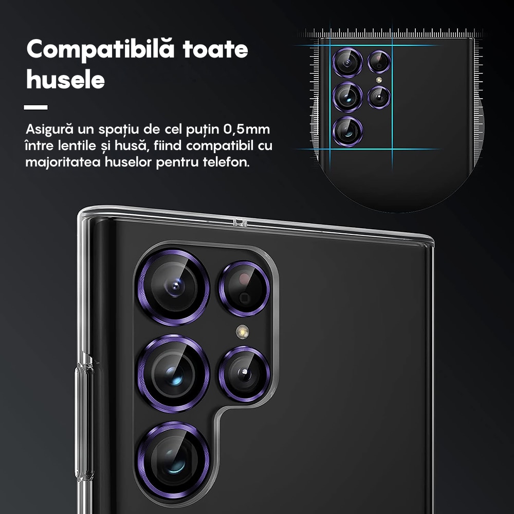 Folie Protectie Lentile Camera compatibila cu Samsung Galaxy S23 Ultra, CASEY STUDIOS™ MaxDefense+, Ultra HD, Anti Amprente, Anti Zgarieturi, Anti Socuri, Mov Inchis