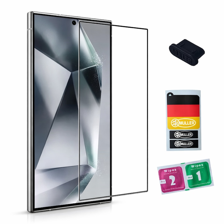 Folie protectie telefon, tempered glass, compatibila cu Samsung Galaxy A37, include set curatare, stickere Muller® si dop anti‑praf Müller® pentru port Type‑C