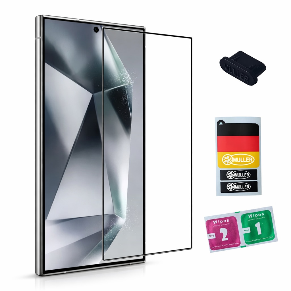 Folie protectie telefon, tempered glass, compatibila cu Samsung Galaxy A37, include set curatare, stickere Muller® si dop anti‑praf Müller® pentru port Type‑C