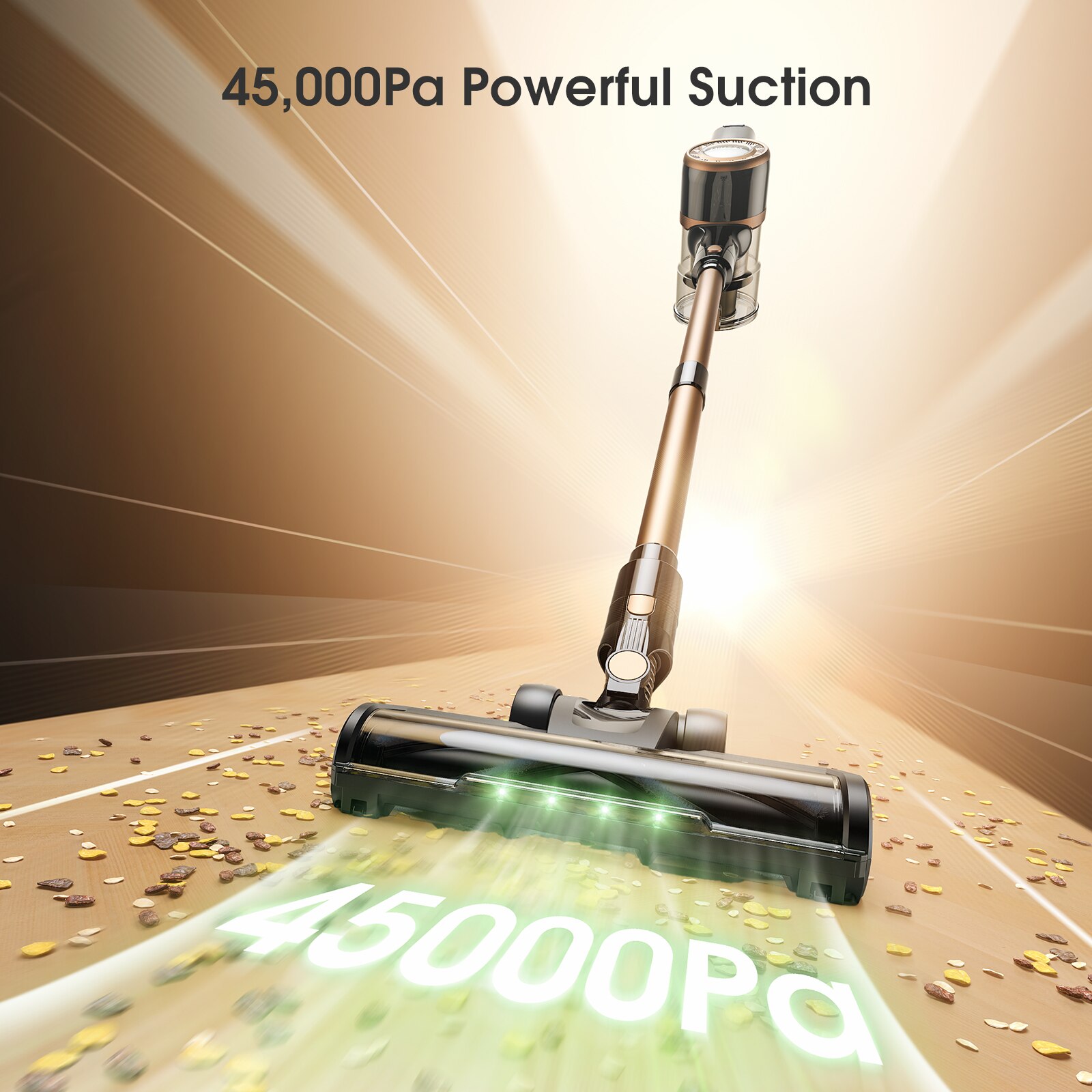 Aspirator fara fir, Lubluelu P2, 45000 Pa, iluminare verde, 680W, pentru toate tipurile de pardoseli, Auriu / Negru