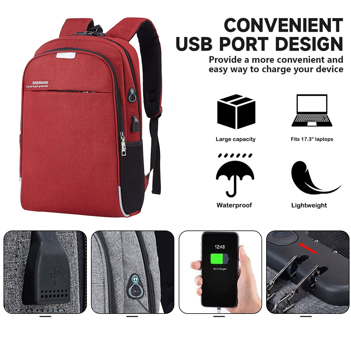 Rucsac multifunctional, incarcare USB, compartiment laptop 15.6 inch, rosu, 46x30x13cm