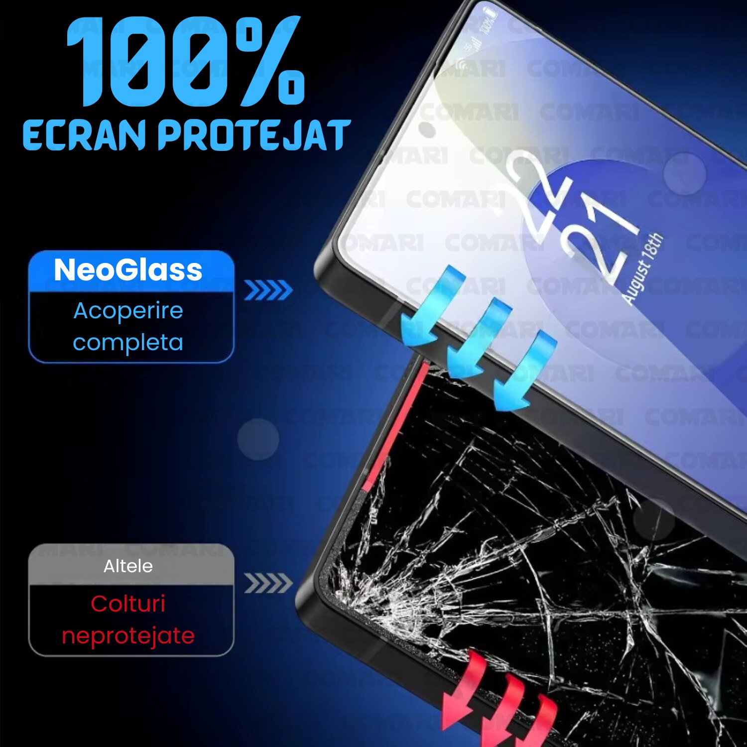 Folie de protectie pentru Motorola Moto G32 Comari® NeoGlass, sticla securizata 9H, Full Glue, claritate HD, rezistenta la zgarieturi, margini negre, transparent