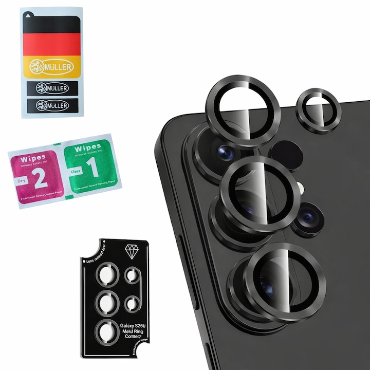 Folie Müller® pentru Protectie Lentila Foto compatibila cu Samsung Galaxy S26 Ultra, Armorite LENS Camring Spate din Sticla, Anti‑zgarieturi, Anti‑soc, Instalare Usoara, Include Servetele Curatare & Stickere