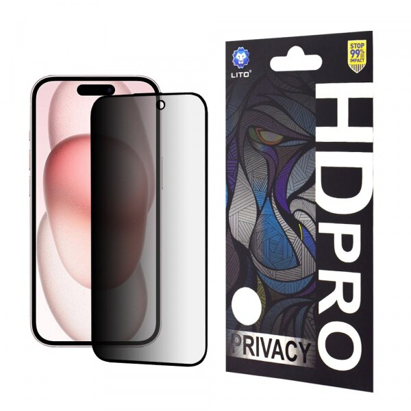 Folie sticla iPhone 15 Lito HD Pro Privacy, negru