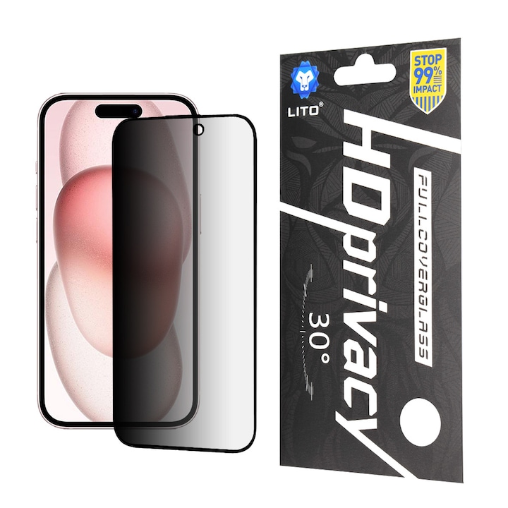 Folie sticla iPhone 15 Lito HD Pro Privacy, negru