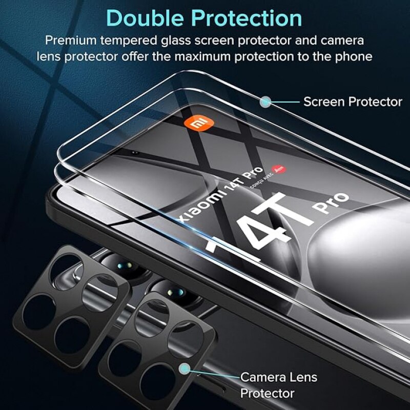 Protectie de ecran din sticla temperata pentru Xiaomi 14T Pro si film de protectie pentru obiectiv, 2 + 2 bucati, 9H duritate film, protectie de ecran din sticla temperata cu sensibilitate ridicata