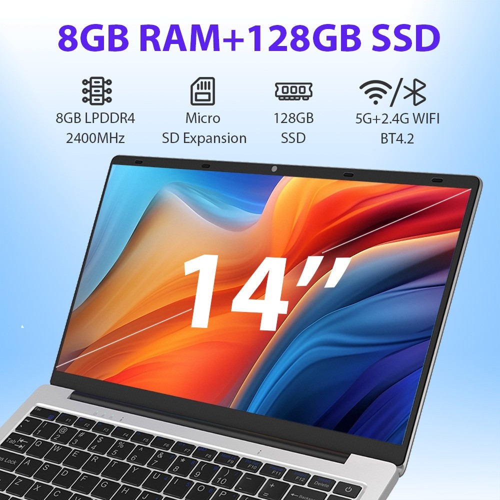 Laptop 14" cu procesor Intel Celeron J4105, 8GB RAM, 128GB SSD, 1920*1080 FHD, Windows 11 Pro, Intel® UHD Graphics 600, 5GHz Wifi, 5000mAh, Argintiu