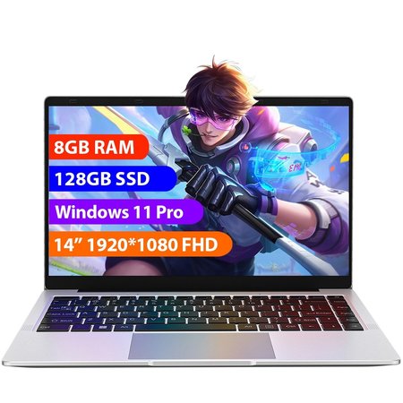 Laptop 14" cu procesor Intel Celeron J4105, 8GB RAM, 128GB SSD, 1920*1080 FHD, Windows 11 Pro, Intel® UHD Graphics 600, 5GHz Wifi, 5000mAh, Argintiu