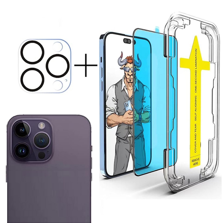 Set 2 folii protectie telefon, Sticla securizata, Pentru ecran/camera, Compatibil cu iPhone 14 Pro Max, Usor de instalat in 30 de secunde cu dispozitivul de potrivire automata, Transparent