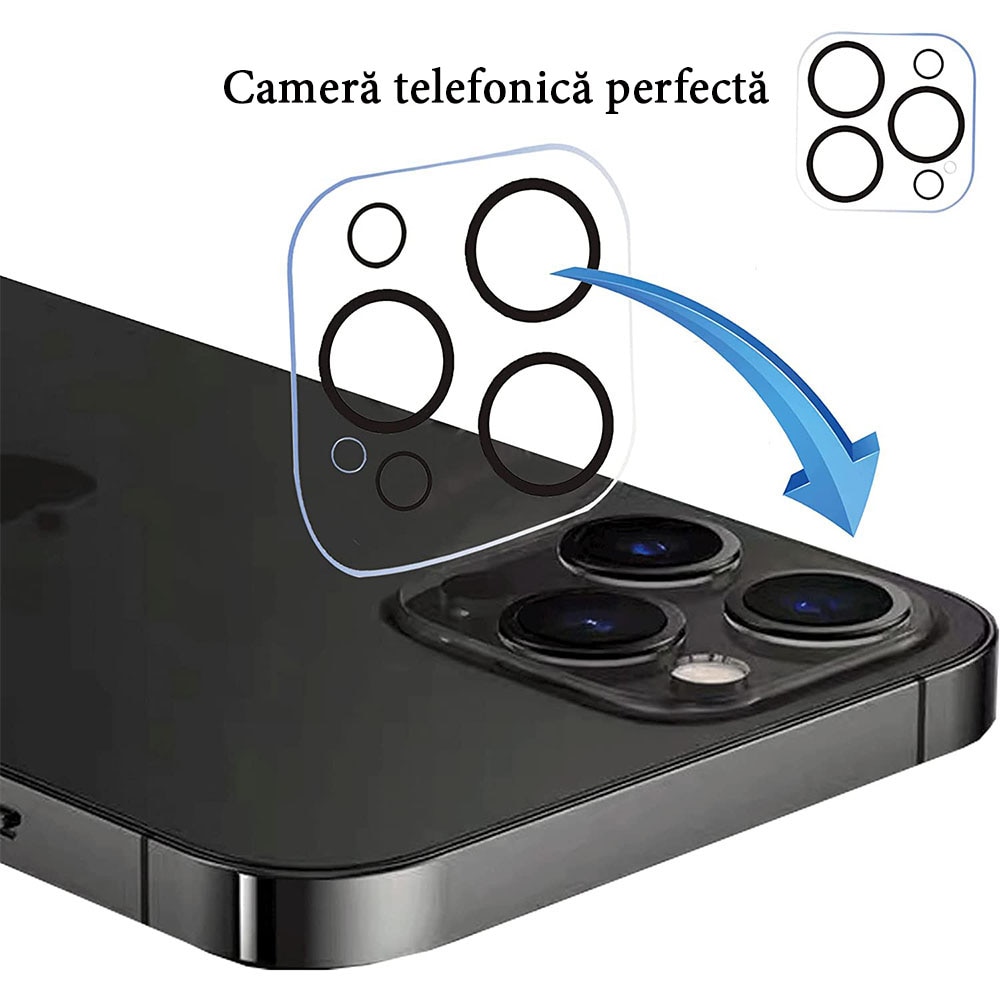 Set 2 folii protectie telefon, Sticla securizata, Pentru ecran/camera, Compatibil cu iPhone 14 Pro Max, Usor de instalat in 30 de secunde cu dispozitivul de potrivire automata, Transparent