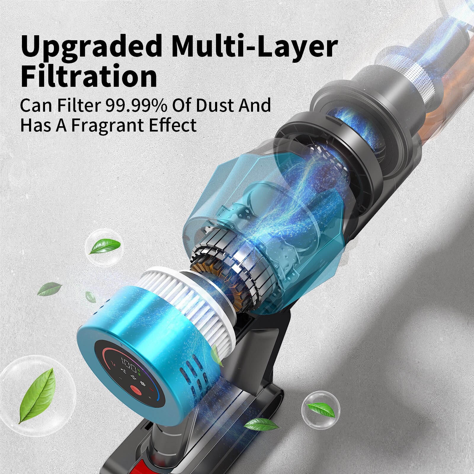 Aspirator vertical fara fir, Aiorber, portabil, 550 W, 45 kPa, 3 trepte de reglare a puterii, accesorii cu diverse capete de aspirare, albastru auriu