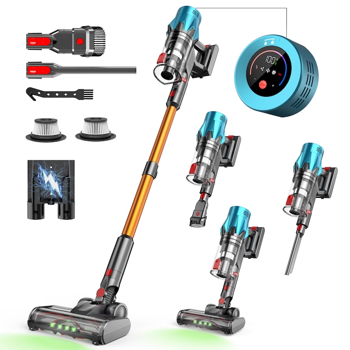 Aspirator vertical fara fir, Aiorber, portabil, 550 W, 45 kPa, 3 trepte de reglare a puterii, accesorii cu diverse capete de aspirare, albastru auriu