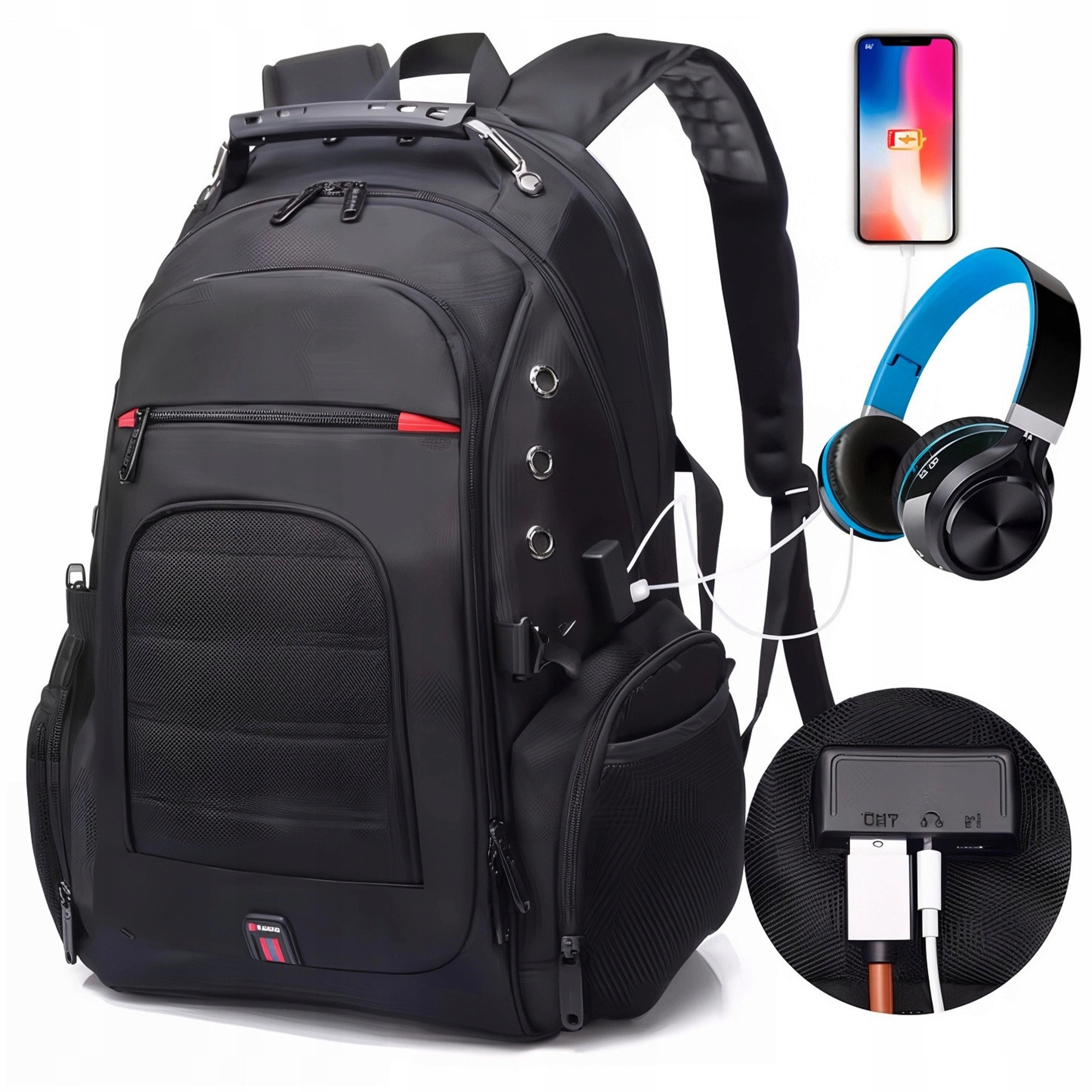 Rucsac urban Bange I090 40L waterproof pentru laptop 15", cu porturi USB, USB-C, jack, negru