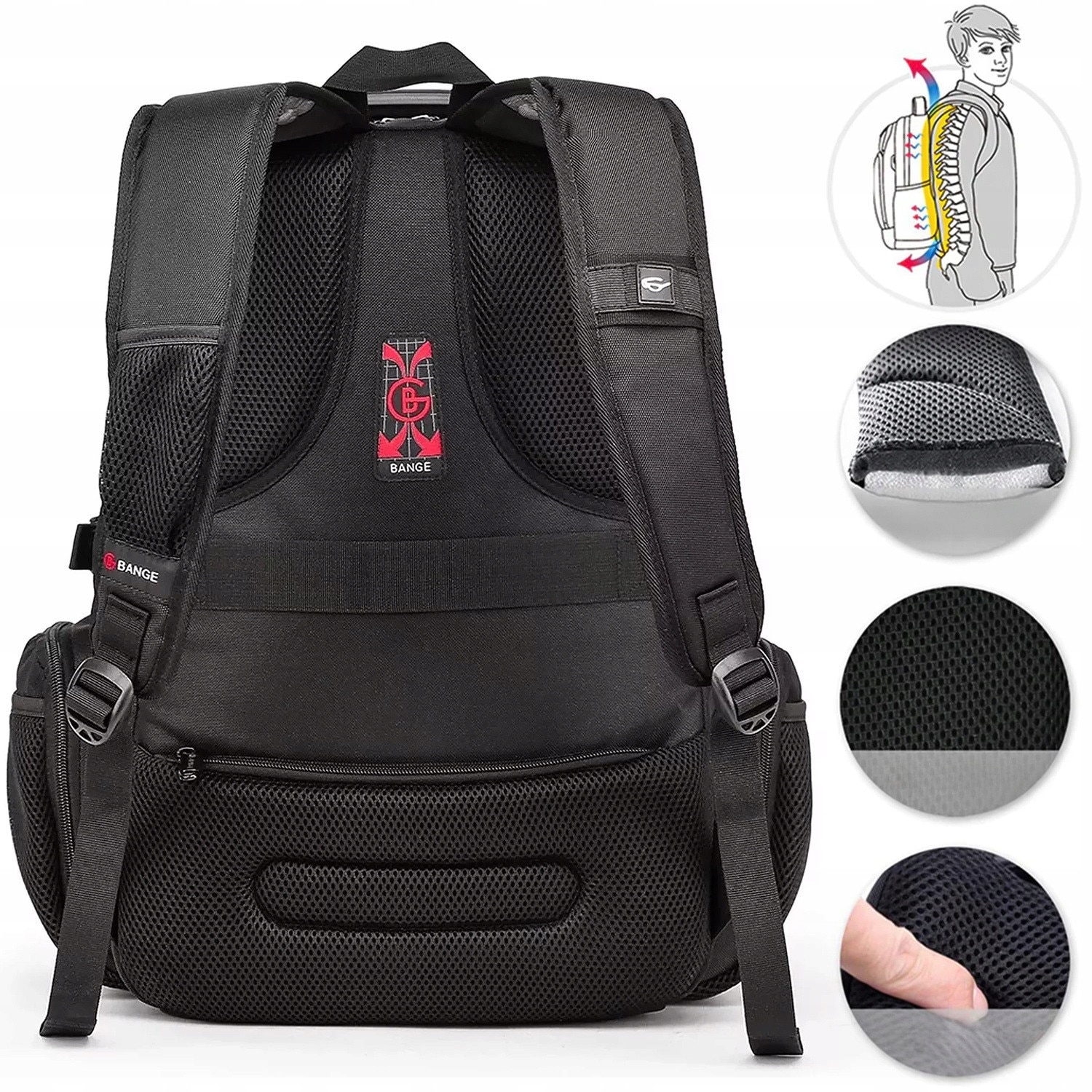 Rucsac urban Bange I090 40L waterproof pentru laptop 15", cu porturi USB, USB-C, jack, negru