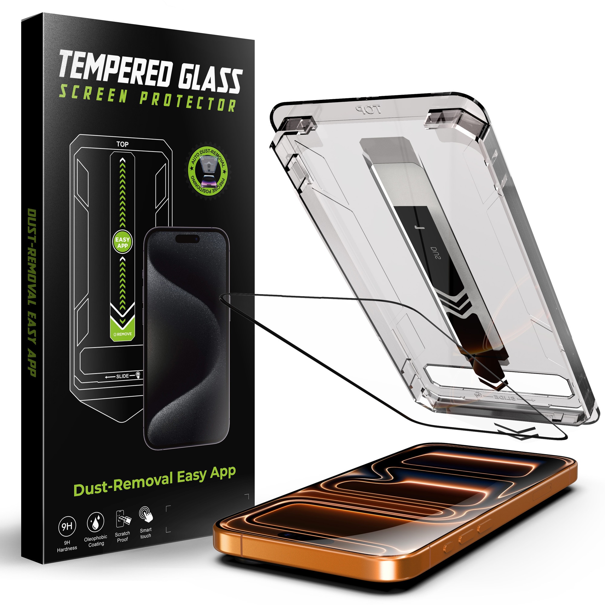 Set 2 folii sticla pentru Iphone 17, Iphone 16 PRO, Transparenta, Sticla securizata 0.33mm, Anti-Spy, Anti-amprenta cu margini negre 6.3", instalare usoara si rapida cu dispozitiv de potrivire automata in 30 sec cu Easy Install Kit, RikBo®