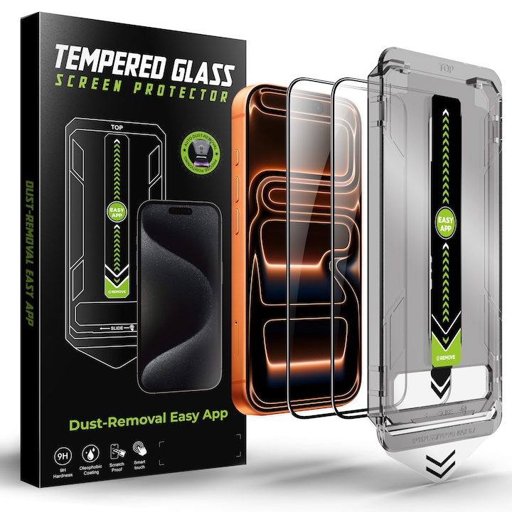Set 2 folii sticla pentru Iphone 17, Iphone 16 PRO, Transparenta, Sticla securizata 0.33mm, Anti-Spy, Anti-amprenta cu margini negre 6.3", instalare usoara si rapida cu dispozitiv de potrivire automata in 30 sec cu Easy Install Kit, RikBo®