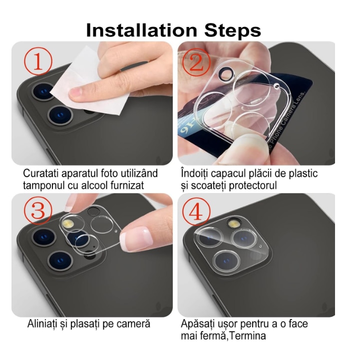 Folie de protectie Camera compatibila cu iPhone 15 Pro / iPhone 15 Pro Max, Sticla Securizata, Protectie antisoc, Transparent
