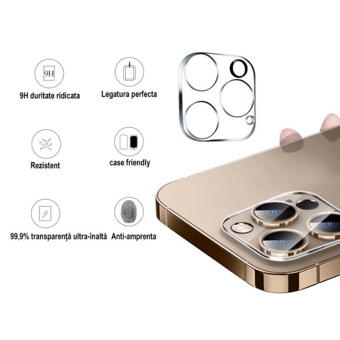Folie de protectie Camera compatibila cu iPhone 15 Pro / iPhone 15 Pro Max, Sticla Securizata, Protectie antisoc, Transparent