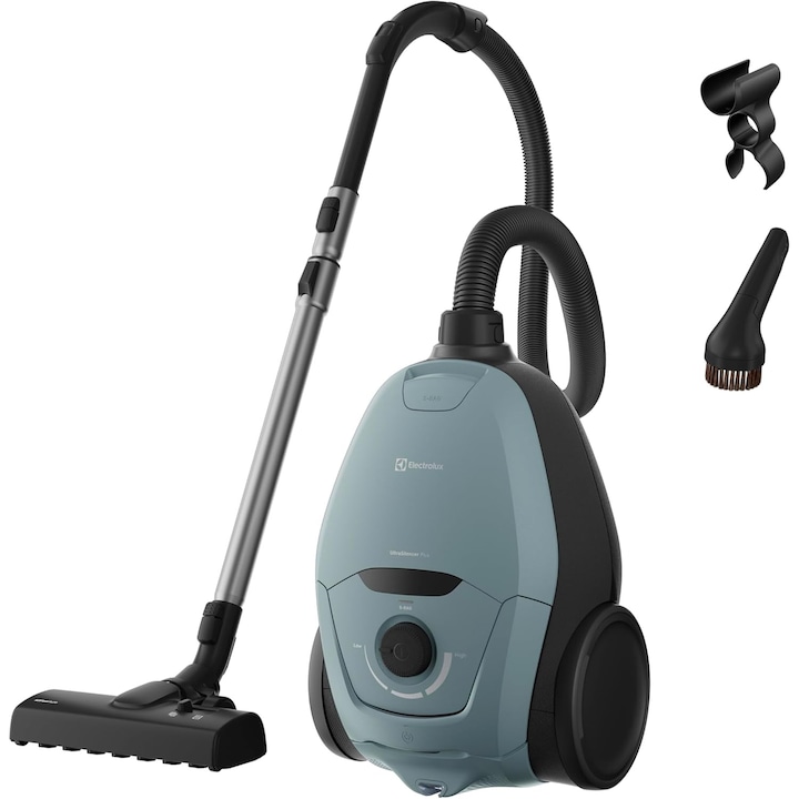 Aspirator cu sac Electrolux Ultra Silencer Plus, EUSP-2MB4B, nivel redus de zgomot 64 dB, perie AllFloor pentru toate tipurile de podele, filtrare HEPA lavabila, raza de actiune 12 m, capacitate 3, 5 L, albastru deschis