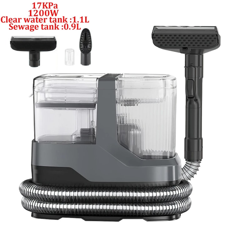 Curatator pentru covoare si tapiterie, Aspirator cu spalare, Putere 1200 W, Aspiratie 17 kPa, Rezervor apa curata 1, 1 l, Pulverizare apa calda/rece, Stecher UE