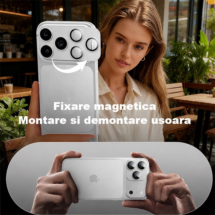 Protectie Camere Sticla Securizata Magnetica Compatibil Cu Apple iPhone 17 PRO, HEYBINGO®, Full Cover, Protectie Completa, Ultra Rezistenta, Calitate Premium, Gri