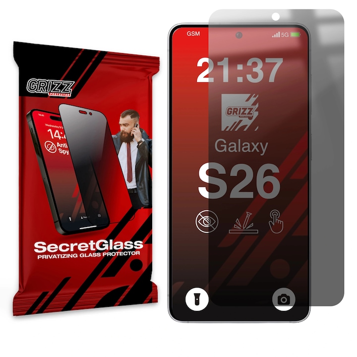 Folie sticla hibrid GrizzGlass SecretGlass Privacy compatibila cu Samsung Galaxy S26, Negru