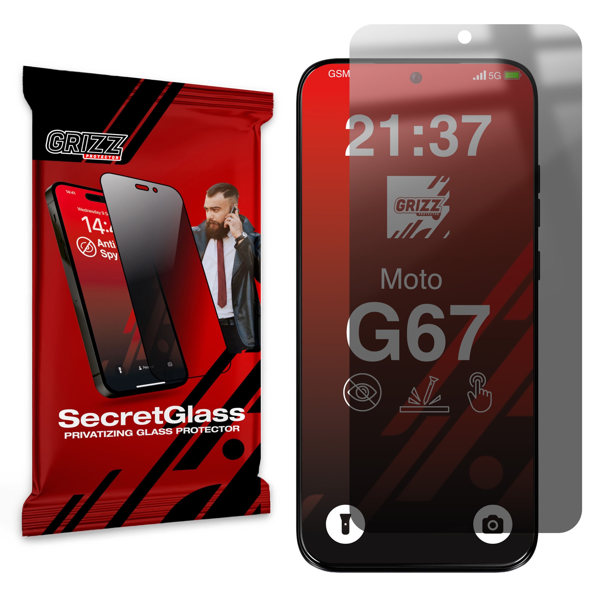 Folie sticla hibrid GrizzGlass SecretGlass Privacy compatibila cu Motorola Moto G67, Negru