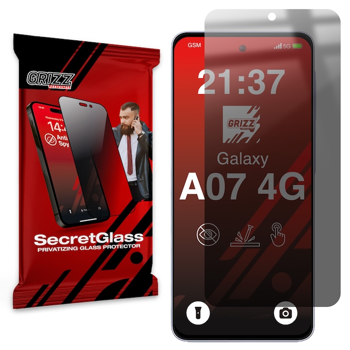 Folie sticla hibrid GrizzGlass SecretGlass Privacy compatibila cu Samsung Galaxy A07 4G, Negru