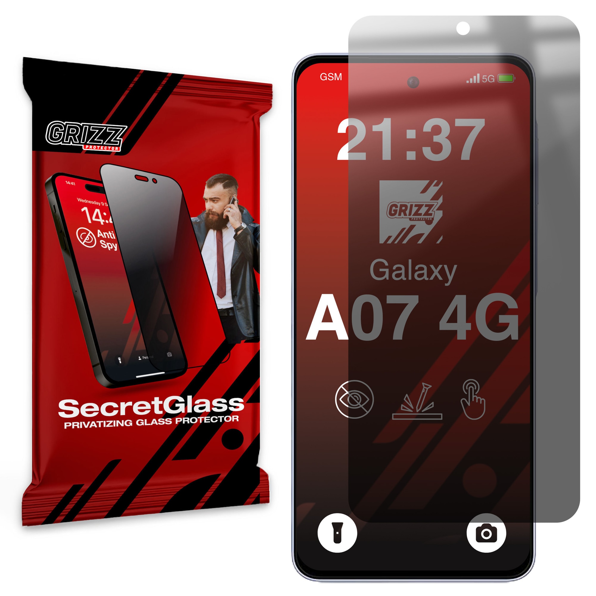 Folie sticla hibrid GrizzGlass SecretGlass Privacy compatibila cu Samsung Galaxy A07 4G, Negru