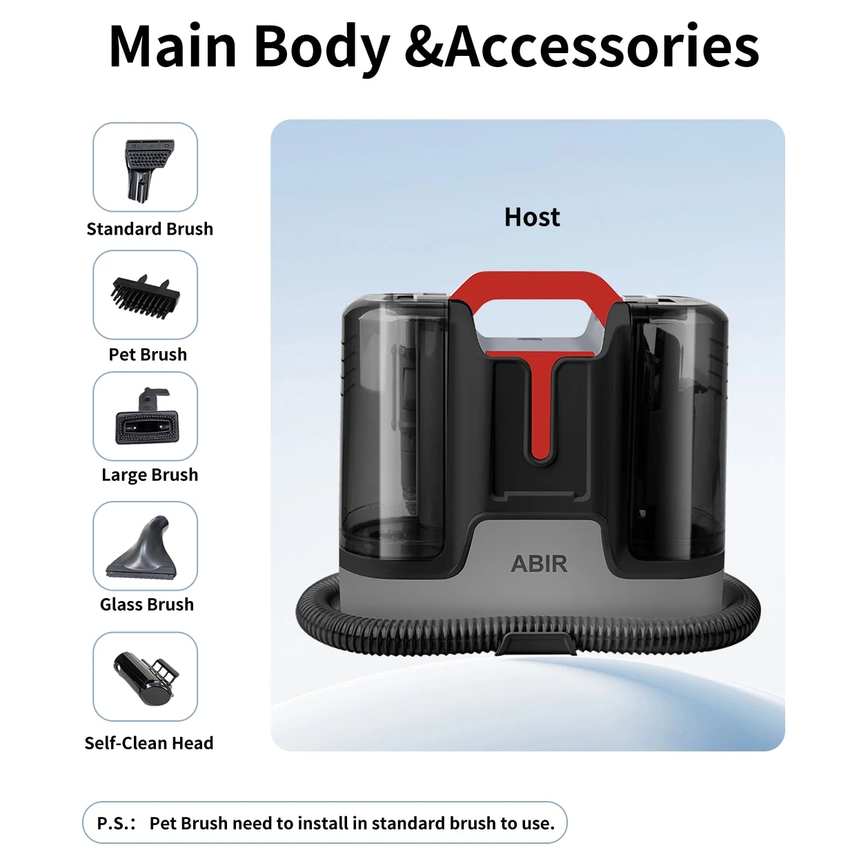 Aspirator portabil pentru covoare ABIR G80, putere de aspirare de 15 kPa pentru curatare in profunzime, rezervor de apa curata de 1800 ml, rezervor de apa uzata de 800 ml, capete de perie pentru diverse suprafete, 220-240V