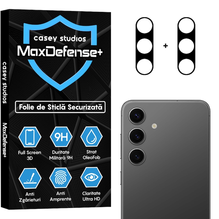 Set 2x Folie Sticla Camera compatibil cu Samsung Galaxy S24, CASEY STUDIOS™ MaxDefense+, Protectie Securizata, Duritate 9H, Full Cover, Anti Zgarieturi, Ultra HD, Protectie Profesionala Camere 3D, Anti Zgarieturi, Anti Socuri