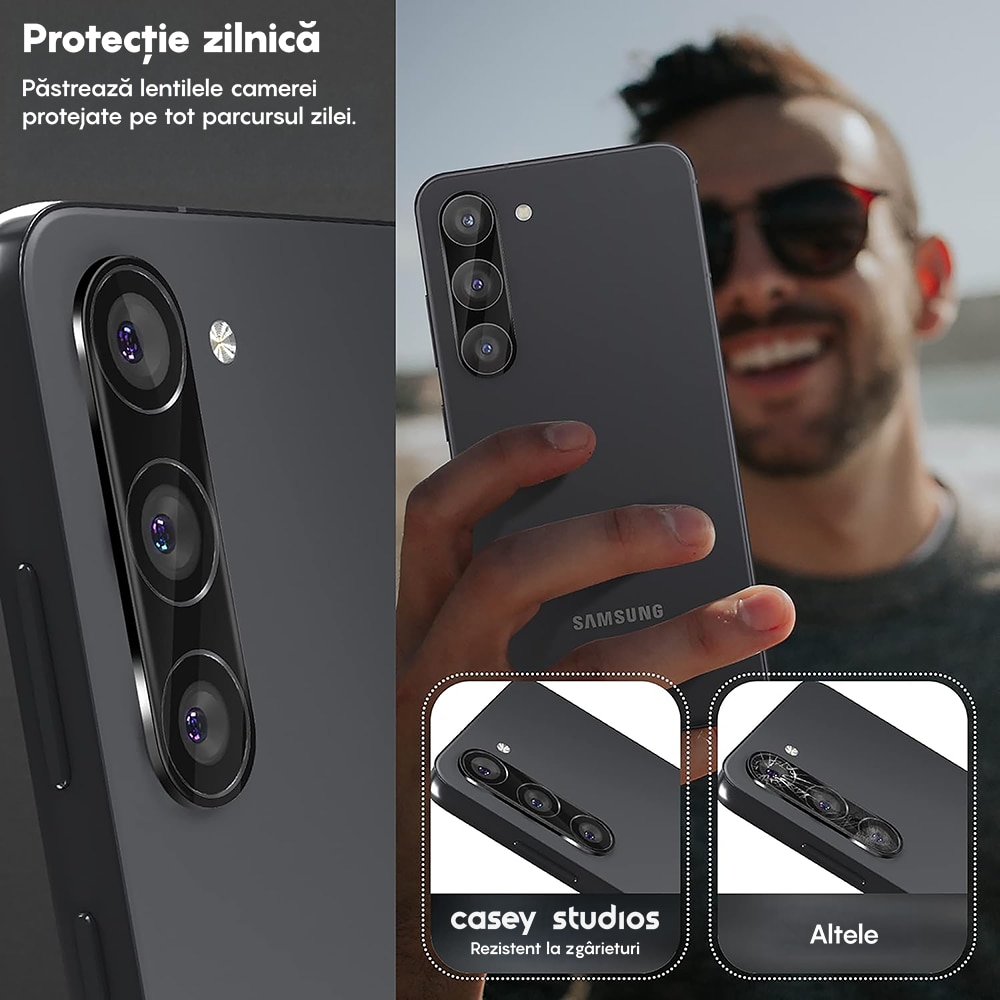 Set 2x Folie Sticla Camera compatibil cu Samsung Galaxy S24, CASEY STUDIOS™ MaxDefense+, Protectie Securizata, Duritate 9H, Full Cover, Anti Zgarieturi, Ultra HD, Protectie Profesionala Camere 3D, Anti Zgarieturi, Anti Socuri