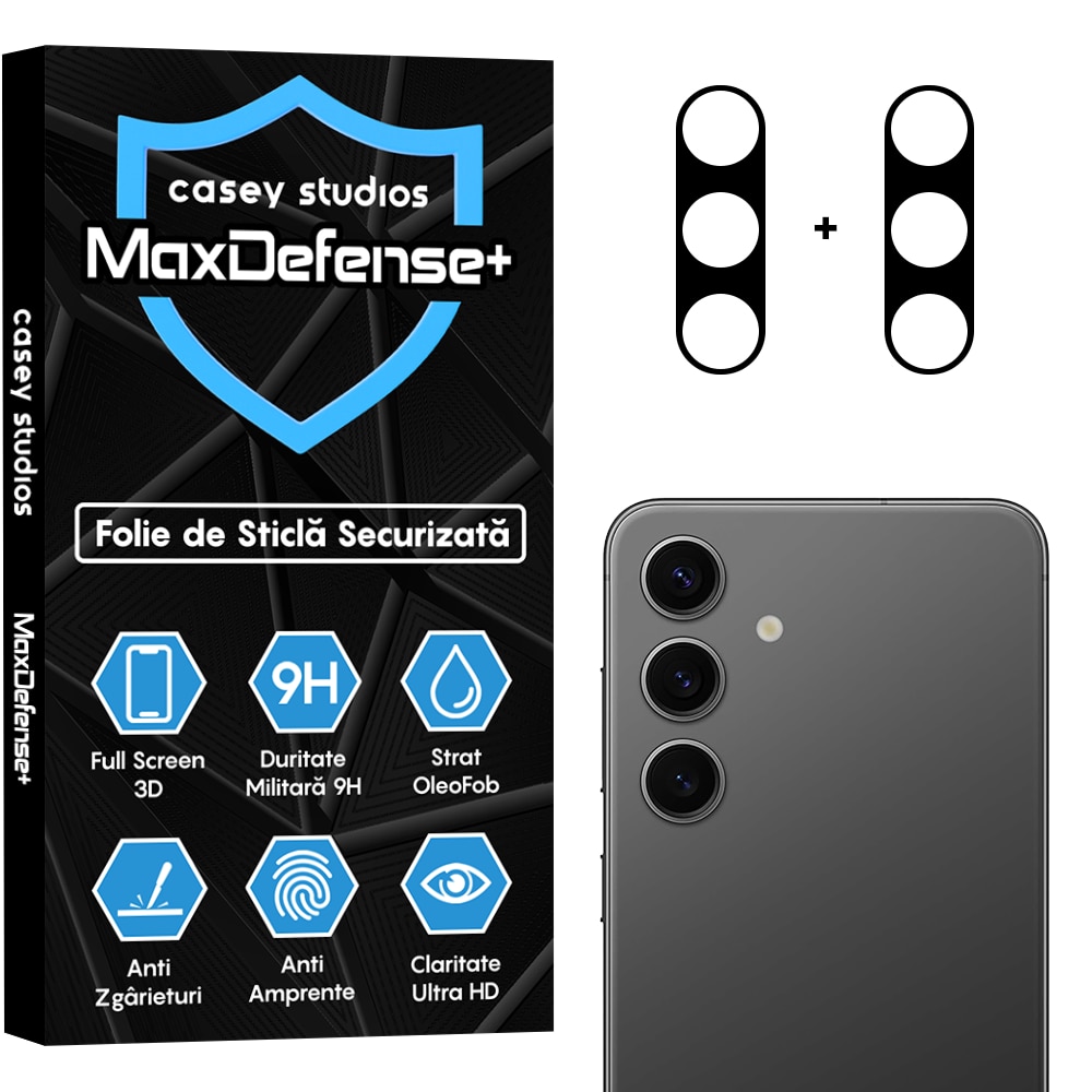 Set 2x Folie Sticla Camera compatibil cu Samsung Galaxy S24, CASEY STUDIOS™ MaxDefense+, Protectie Securizata, Duritate 9H, Full Cover, Anti Zgarieturi, Ultra HD, Protectie Profesionala Camere 3D, Anti Zgarieturi, Anti Socuri