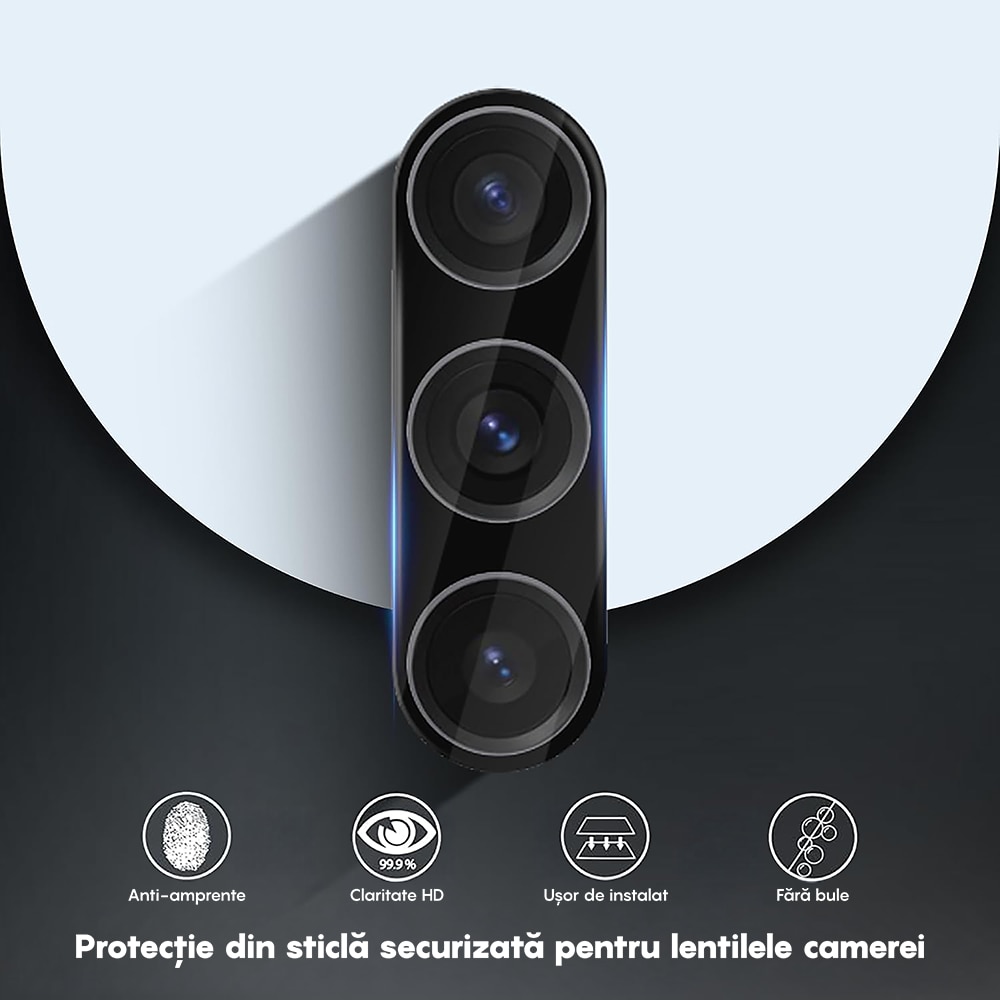 Set 2x Folie Sticla Camera compatibil cu Samsung Galaxy S24, CASEY STUDIOS™ MaxDefense+, Protectie Securizata, Duritate 9H, Full Cover, Anti Zgarieturi, Ultra HD, Protectie Profesionala Camere 3D, Anti Zgarieturi, Anti Socuri