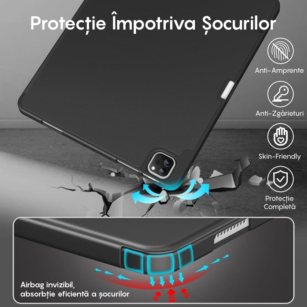 Husa Inteligenta compatibila cu Apple iPad Air 13 2025/2024/Pro 2022/2021/2020/2018 12.9", MagneticX, CASEY STUDIOS™, Unghiuri Ajustabile, Carcasa Flexibila, Suport Stylus Pen, Negru