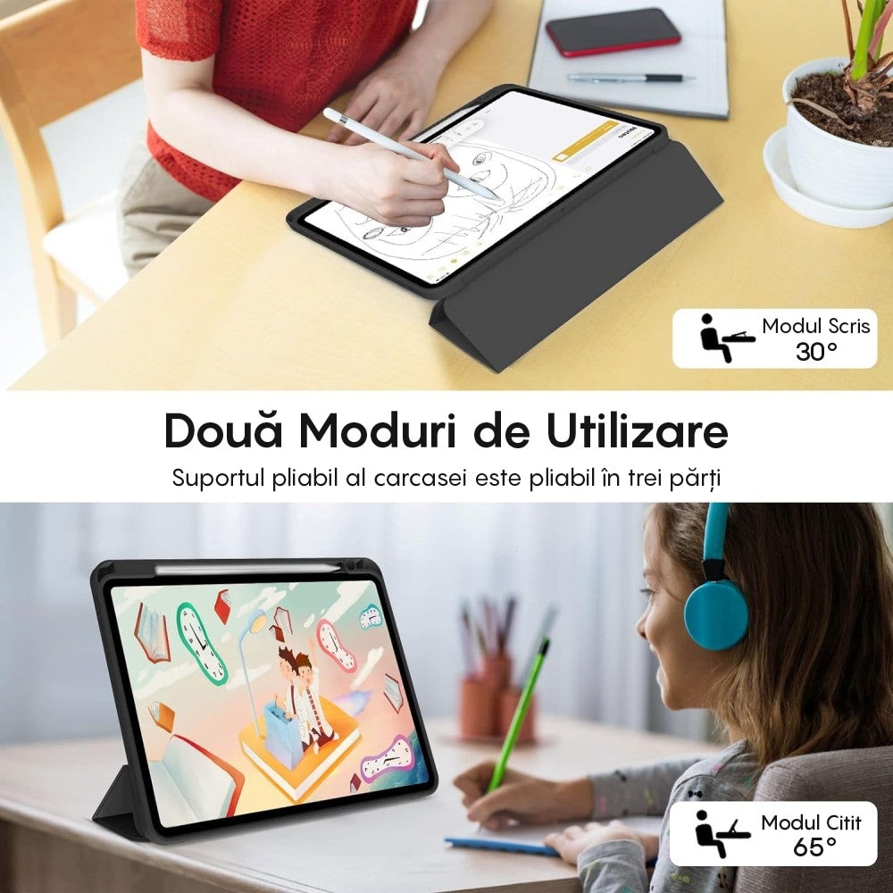 Husa Inteligenta compatibila cu Apple iPad Air 13 2025/2024/Pro 2022/2021/2020/2018 12.9", MagneticX, CASEY STUDIOS™, Unghiuri Ajustabile, Carcasa Flexibila, Suport Stylus Pen, Negru