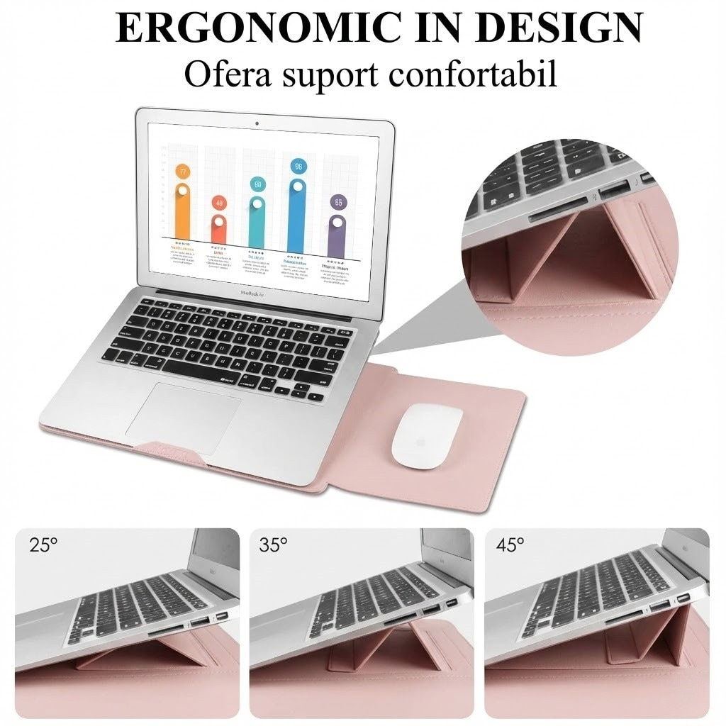 Husa Laptop 13-14 inch compatibila cu MacBook Air, MacBook Pro, Piele Ecologica, Marime Universala, 25 x 34 cm, Pudra