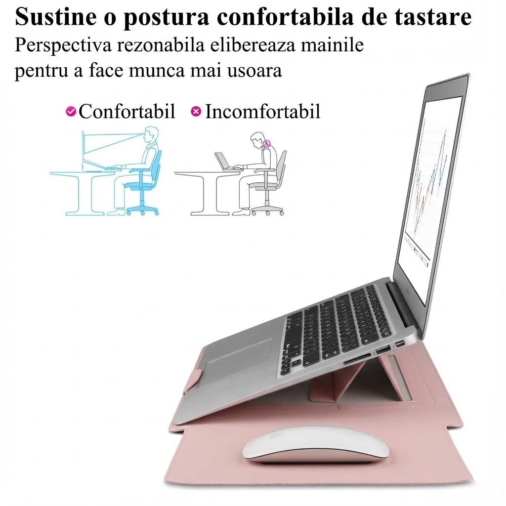 Husa Laptop 13-14 inch compatibila cu MacBook Air, MacBook Pro, Piele Ecologica, Marime Universala, 25 x 34 cm, Pudra