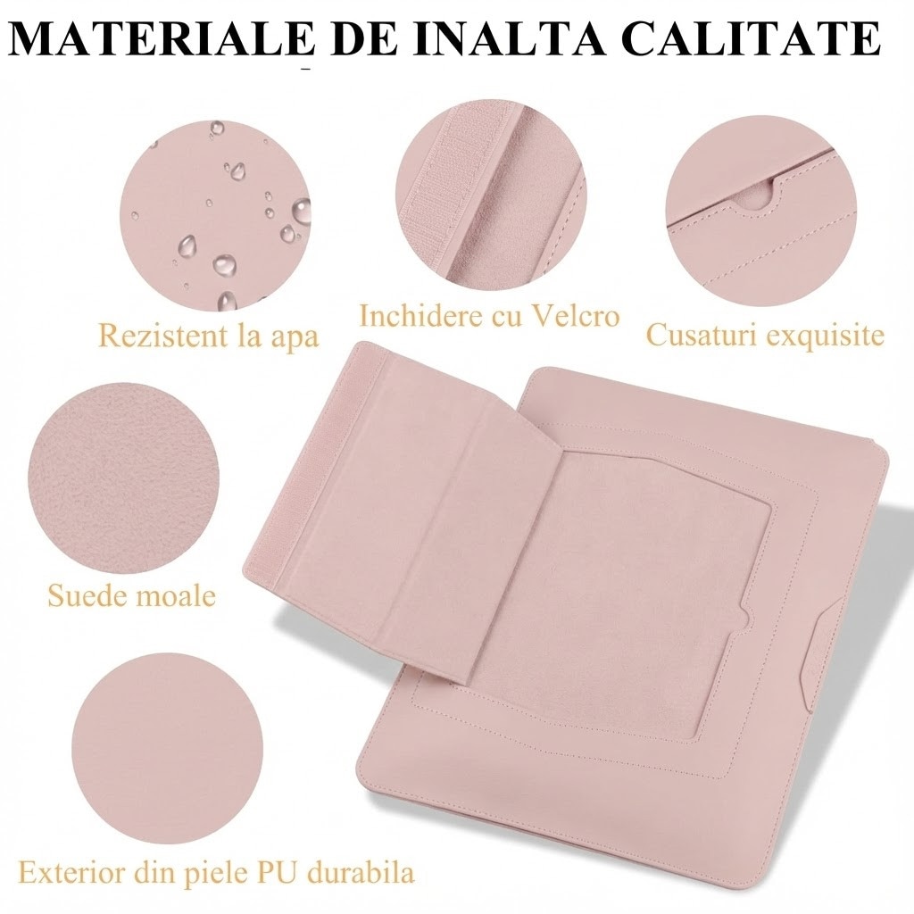 Husa Laptop 13-14 inch compatibila cu MacBook Air, MacBook Pro, Piele Ecologica, Marime Universala, 25 x 34 cm, Pudra