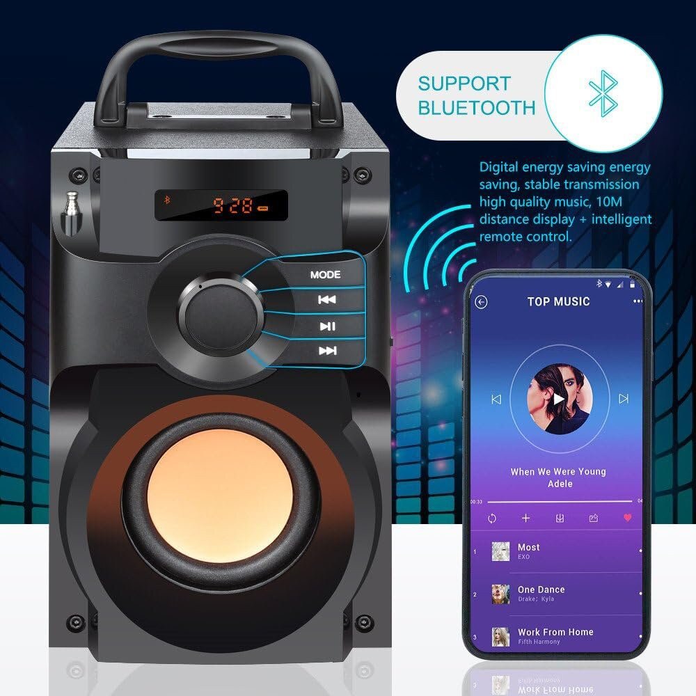 Boxa portabila Bluetooth cu subwoofer si sunet stereo, Boxa wireless cu bass puternic si telecomanda, Radio FM si suport card TF, pentru petreceri in aer liber si camping, negru